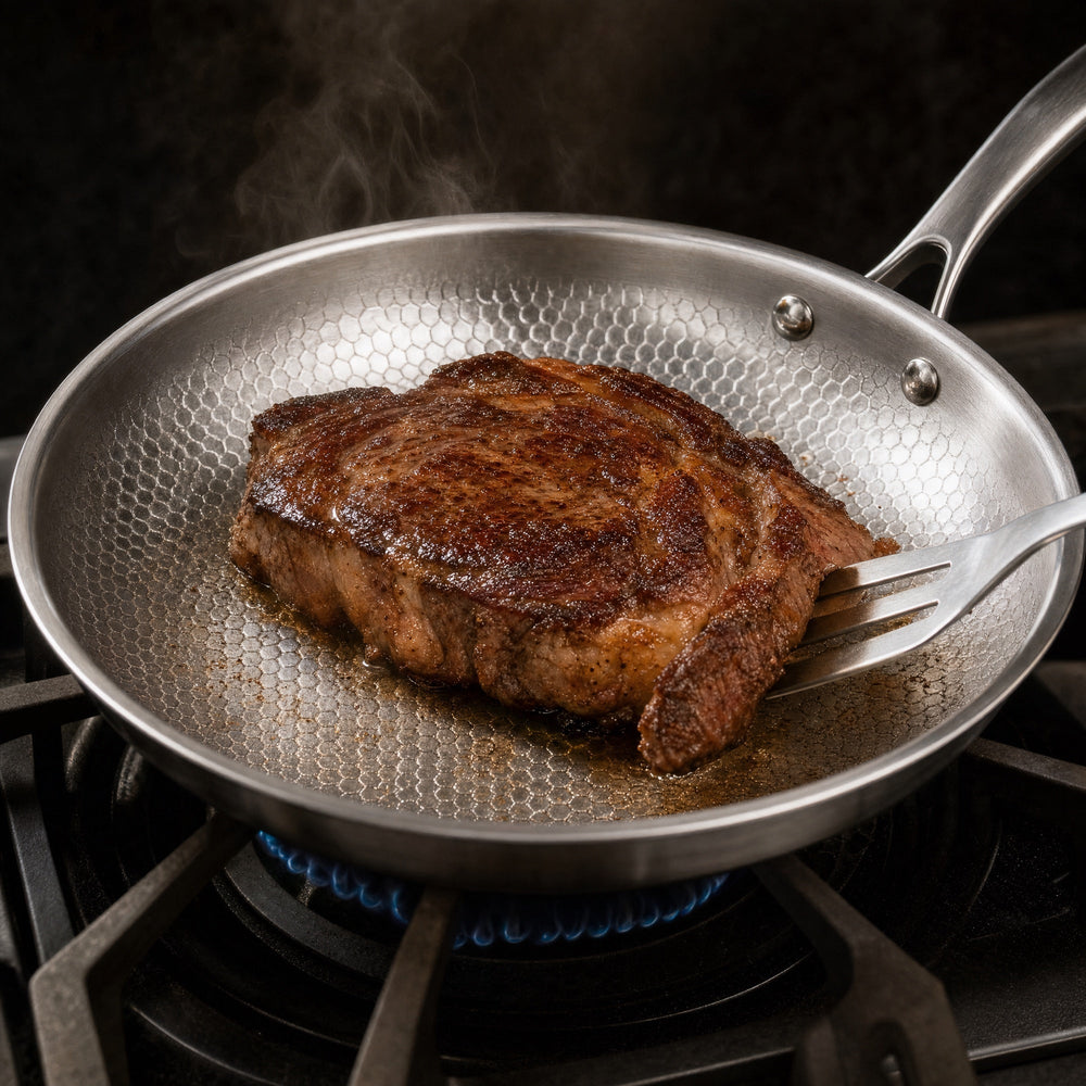 A steak searing in the Kitchi Titanium Fry Pan on a gas burner