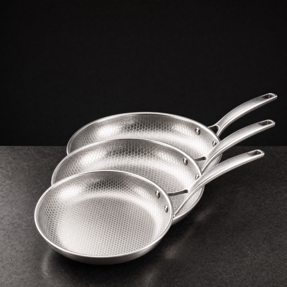 Three Kitchi Titanium Fry Pans, 10, 11 and 12 inch