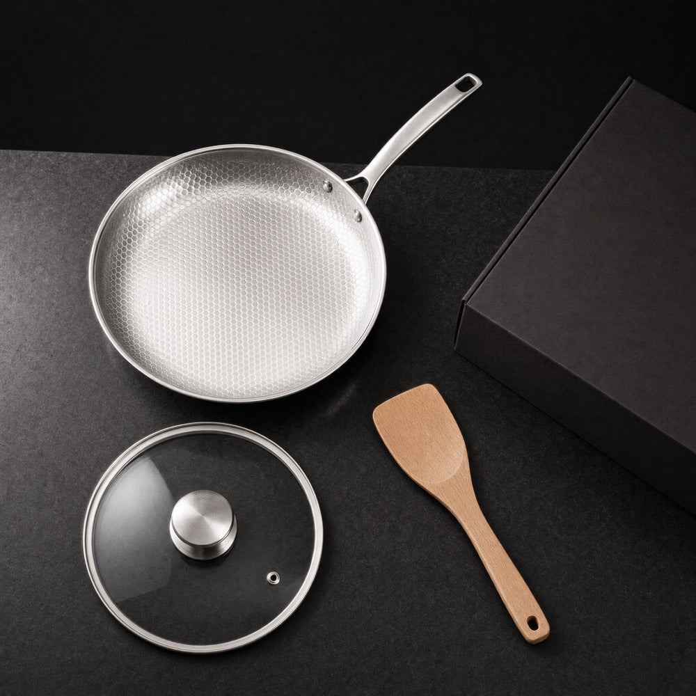 Kitchi Titanium Fry Pan with glass lid, wooden spatula and box