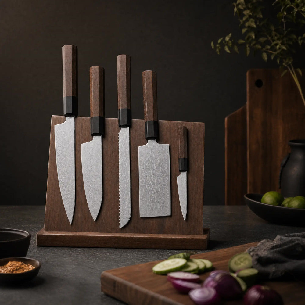 Damascus-Pattern 5-Piece Knife Set + Magnetic Stand, view 3