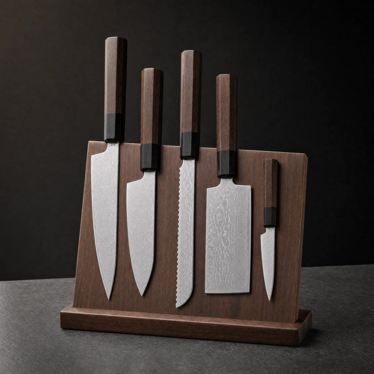Damascus-Pattern 5-Piece Knife Set + Magnetic Stand, view 1