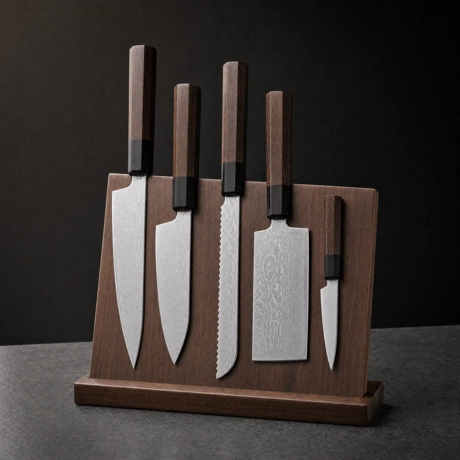 Damascus-Pattern 5-Piece Knife Set + Magnetic Stand
